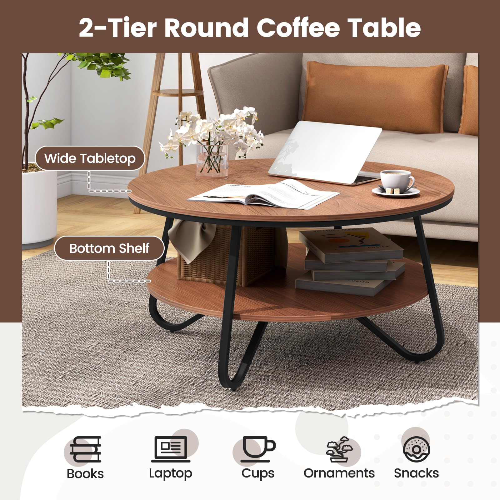 Giantex 2-Tier Round Coffee Table, 33.5" Wood Coffee Table with Open Storage Shelf