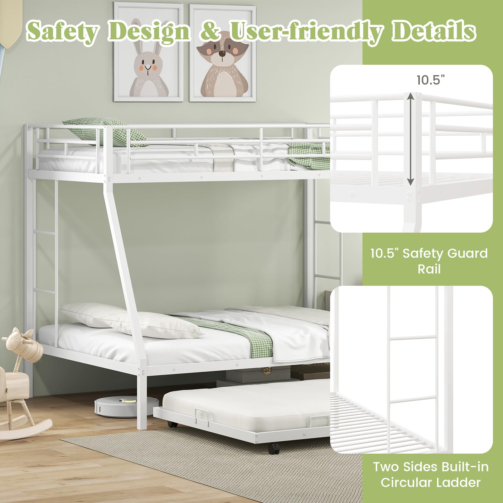 Giantex Twin Over Full Bunk Bed with Trundle, Heavy-Duty Metal Triple Bunk Beds