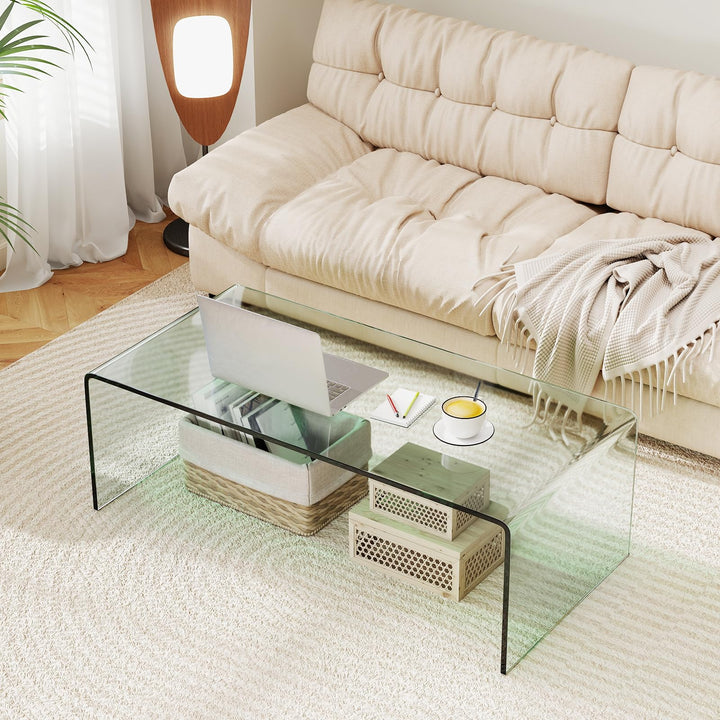 Giantex 40 Inch Clear Center Coffee Table with Tempered Glass Top &amp; Round Edges