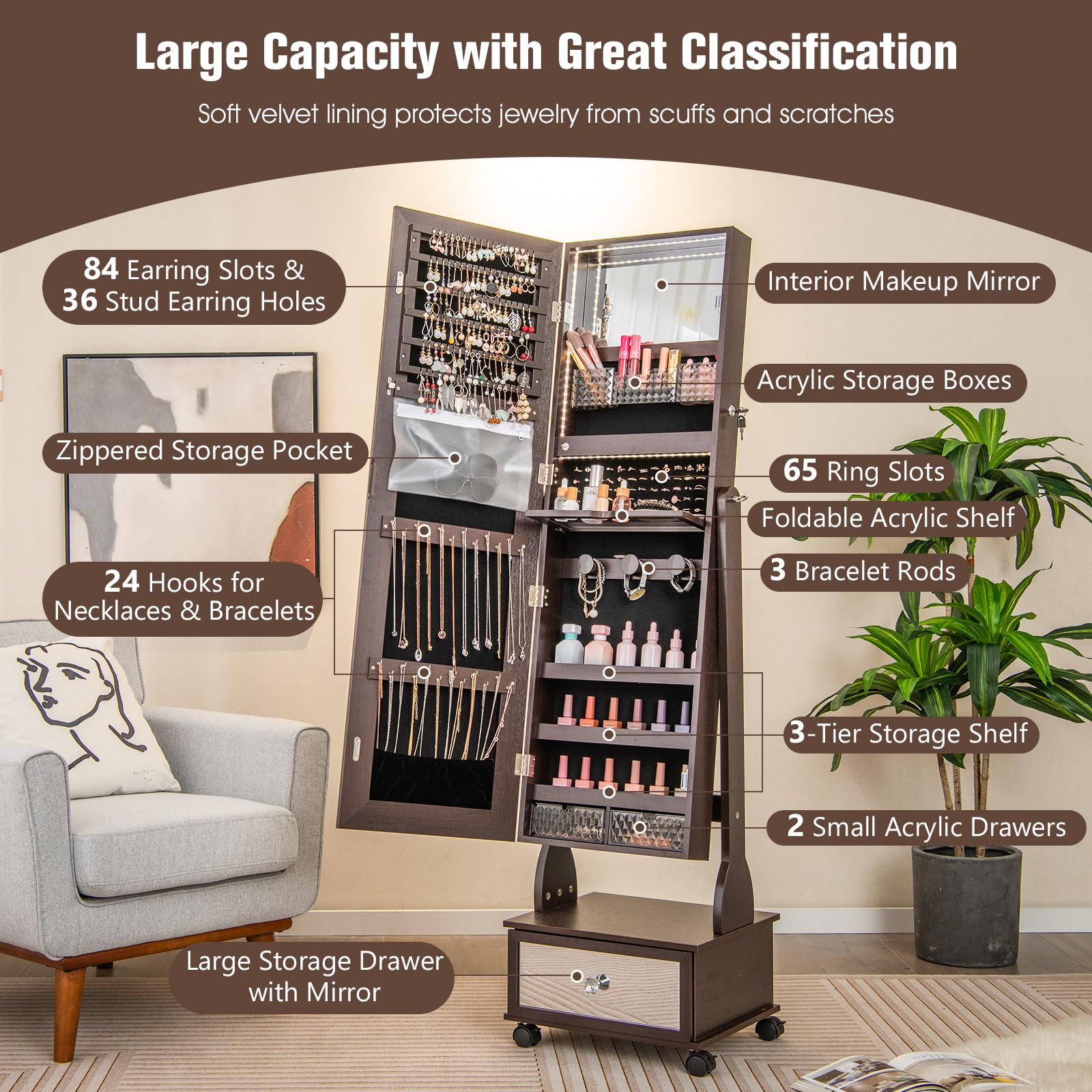 CHARMAID Jewelry Armoire with Full Length Mirror - Giantex