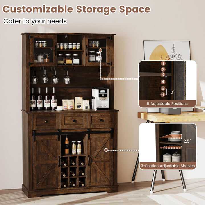 Giantex 72" Farmhouse Coffee Bar Cabinet w/Glass Doors &amp; Wine Racks