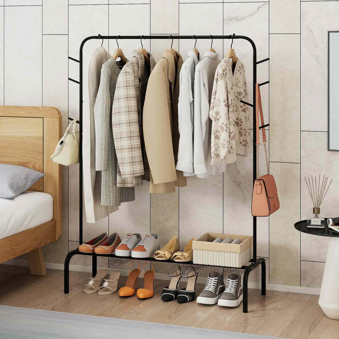 Giantex 50" Wide Freestanding Garment Rack with Hanging Rod 8 Hooks & Storage Shelf