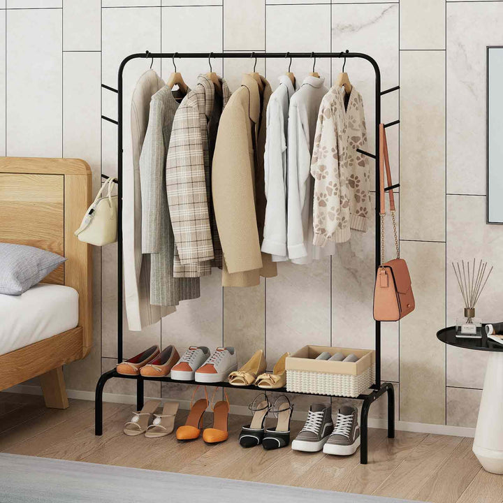 Giantex 50" Wide Freestanding Garment Rack with Hanging Rod 8 Hooks & Storage Shelf