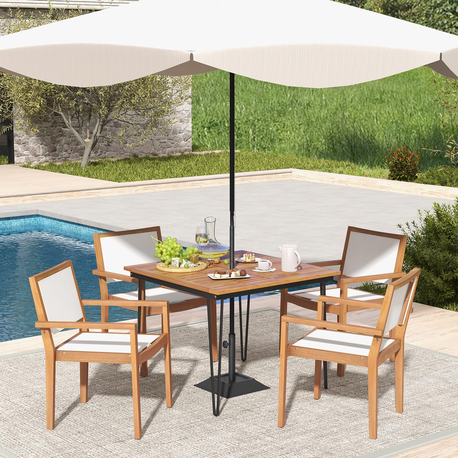 Giantex Stackable Outdoor Dining Chair Set, Patio Armchairs w/Acacia Wood Frame, All Weather Fabric, Armrests