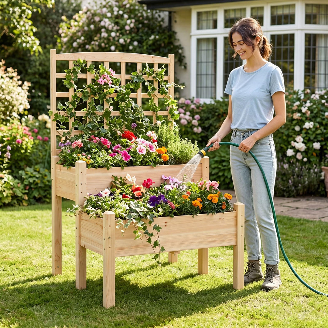 Giantex 2-Tier Raised Garden Bed with Trellis for Climbing Plants