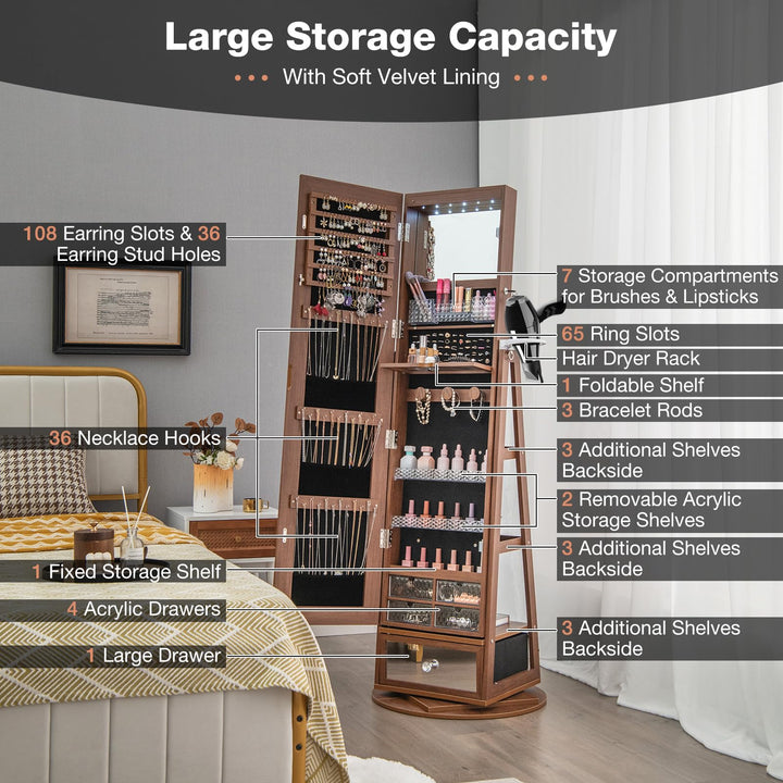 360° Swivel Jewelry Cabinet Armoire with 64.5" H Full Length Mirror - Giantex