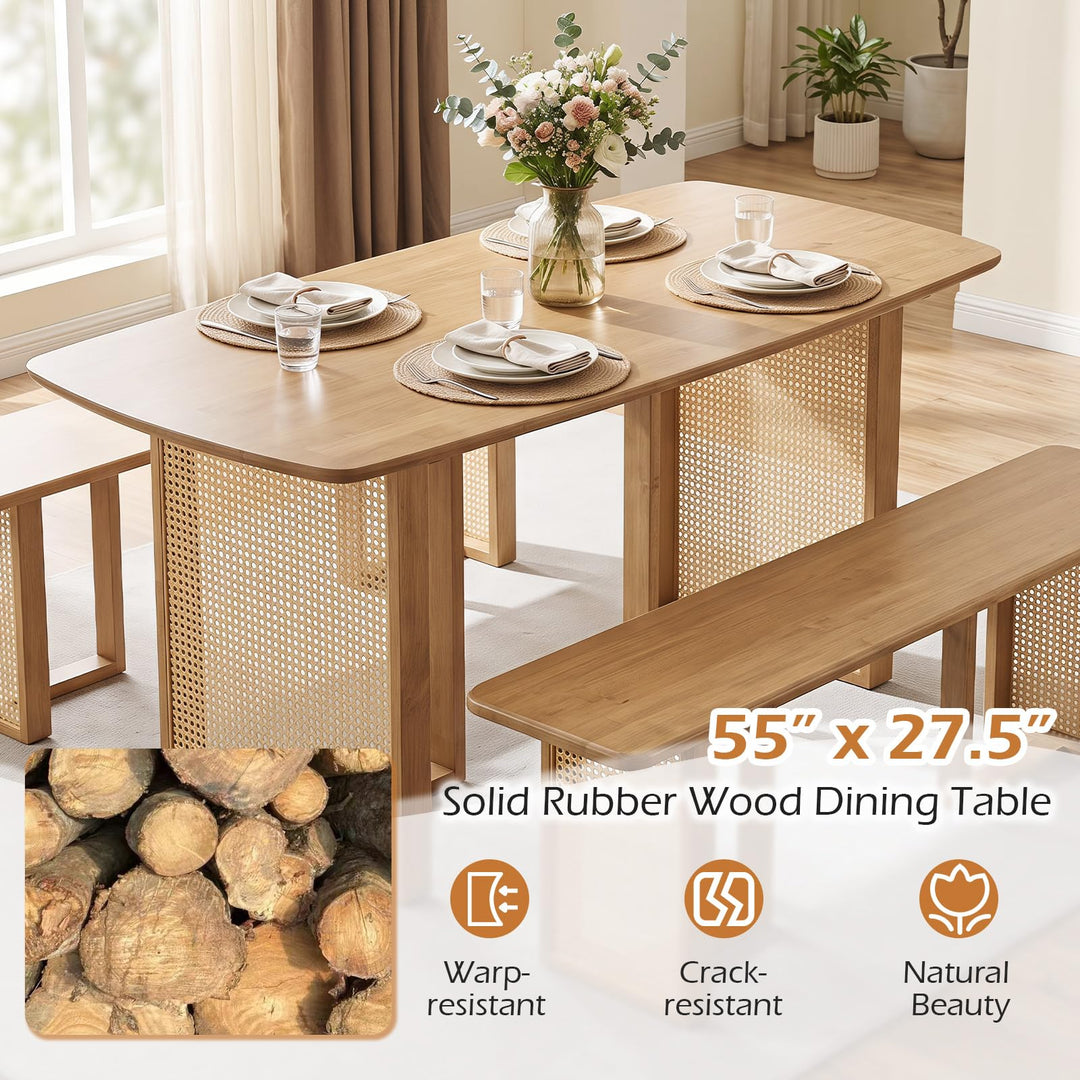 GIANTEX 55" Solid Rubber Wood Dining Table for 4-6 with Rattan Pedestal