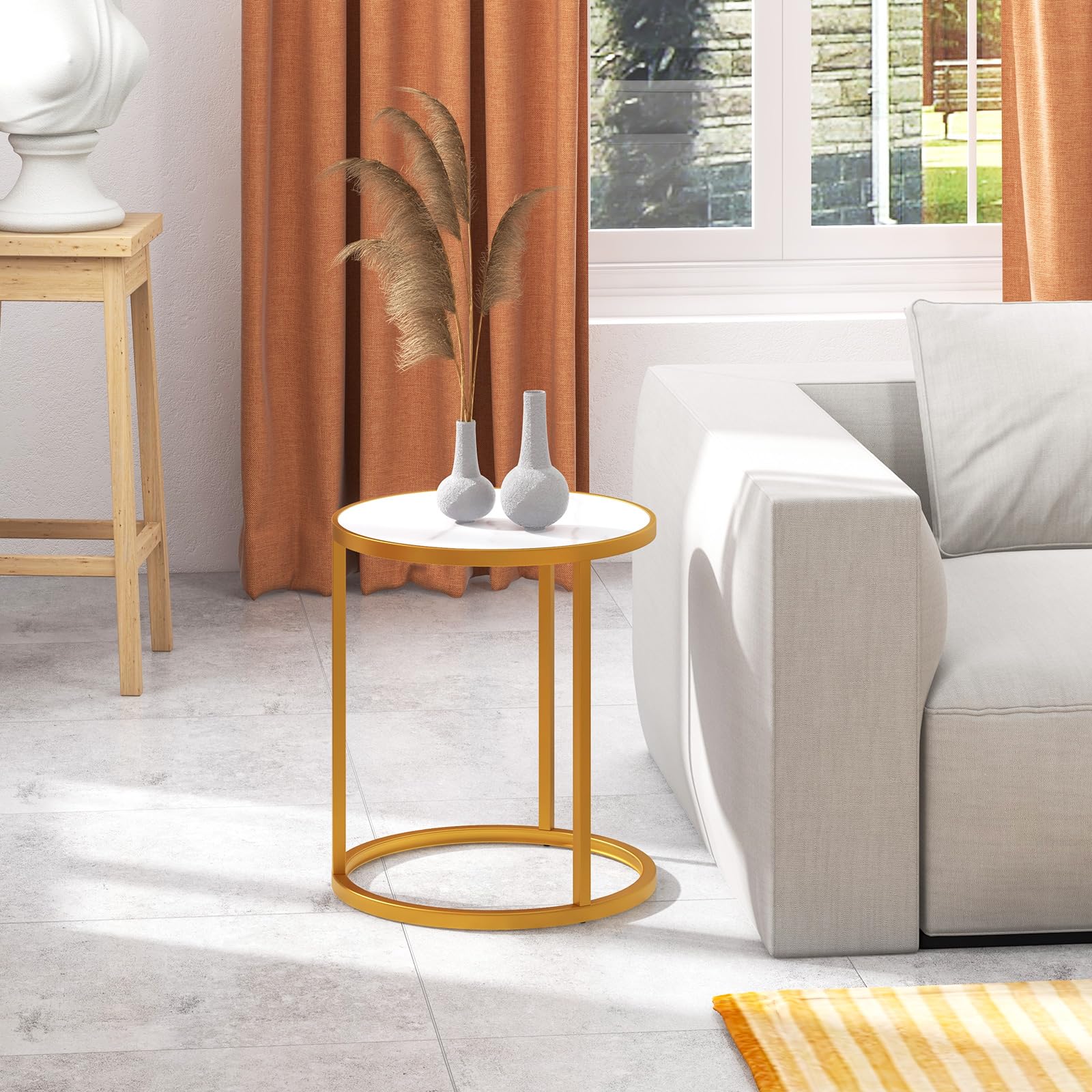 Giantex Faux Marble Side Table, Round End Table with Golden Metal Frame and White Marble Top