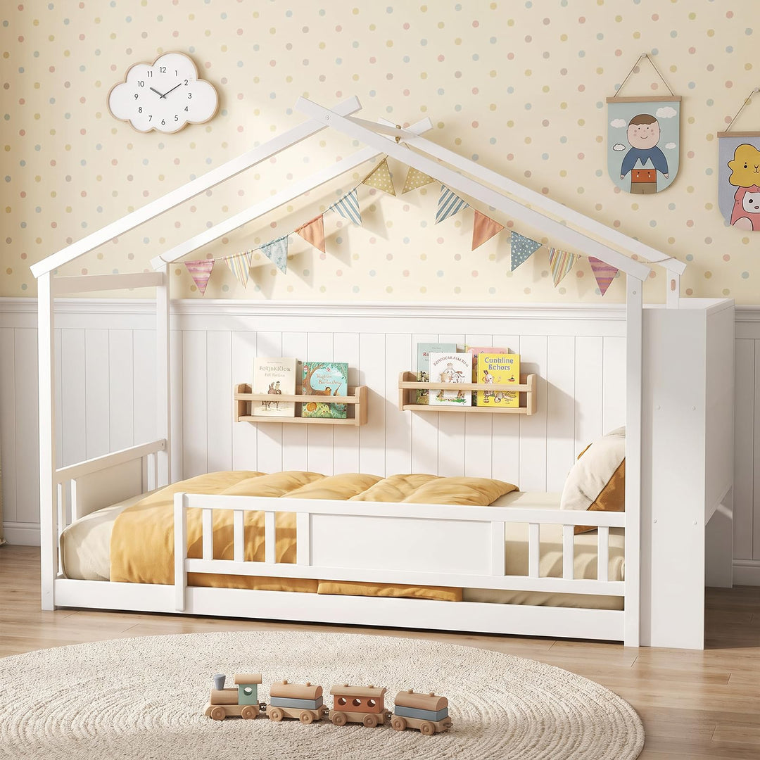 GIANTEX Twin Montessori Solid Wood Floor Bed with Storage Bookshelf