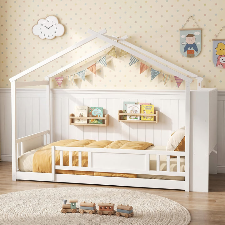 GIANTEX Twin Montessori Solid Wood Floor Bed with Storage Bookshelf