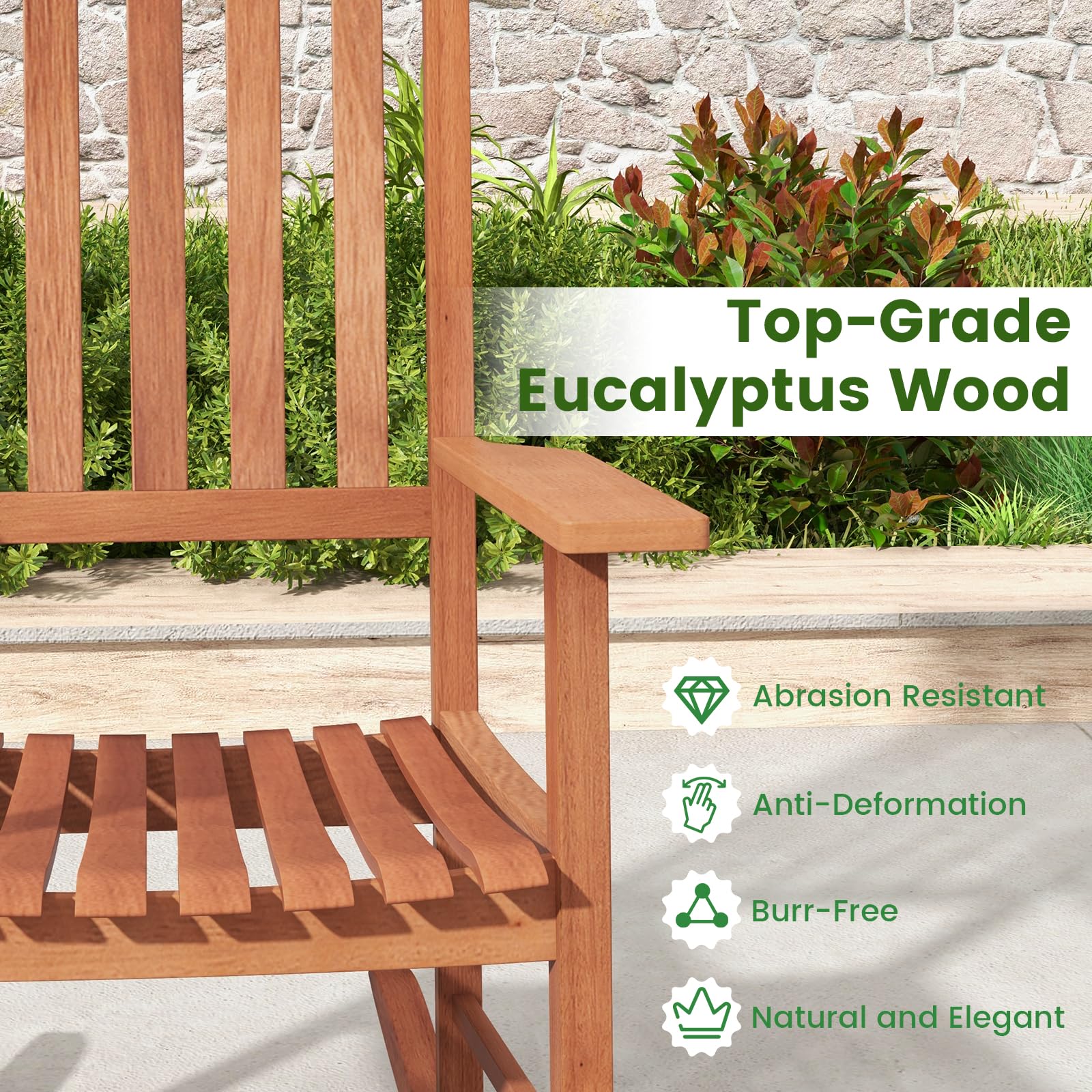 Giantex Wood Outdoor Rocking Chair - Eucalyptus Rocker Chair with Stable & Safe Rocking Base