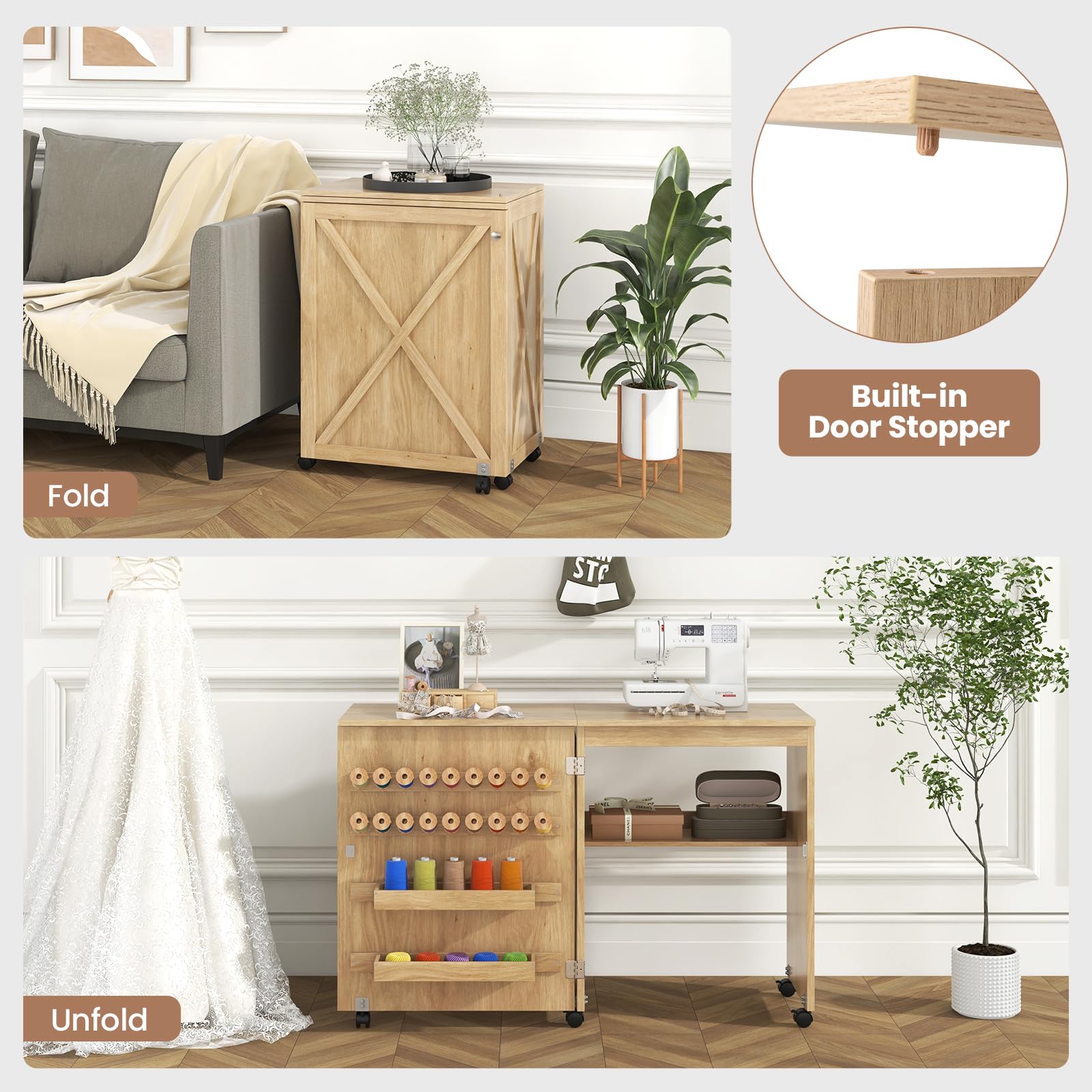 Giantex Folding Sewing Table - Farmhouse Sewing Machine Cabinet with Barn Door