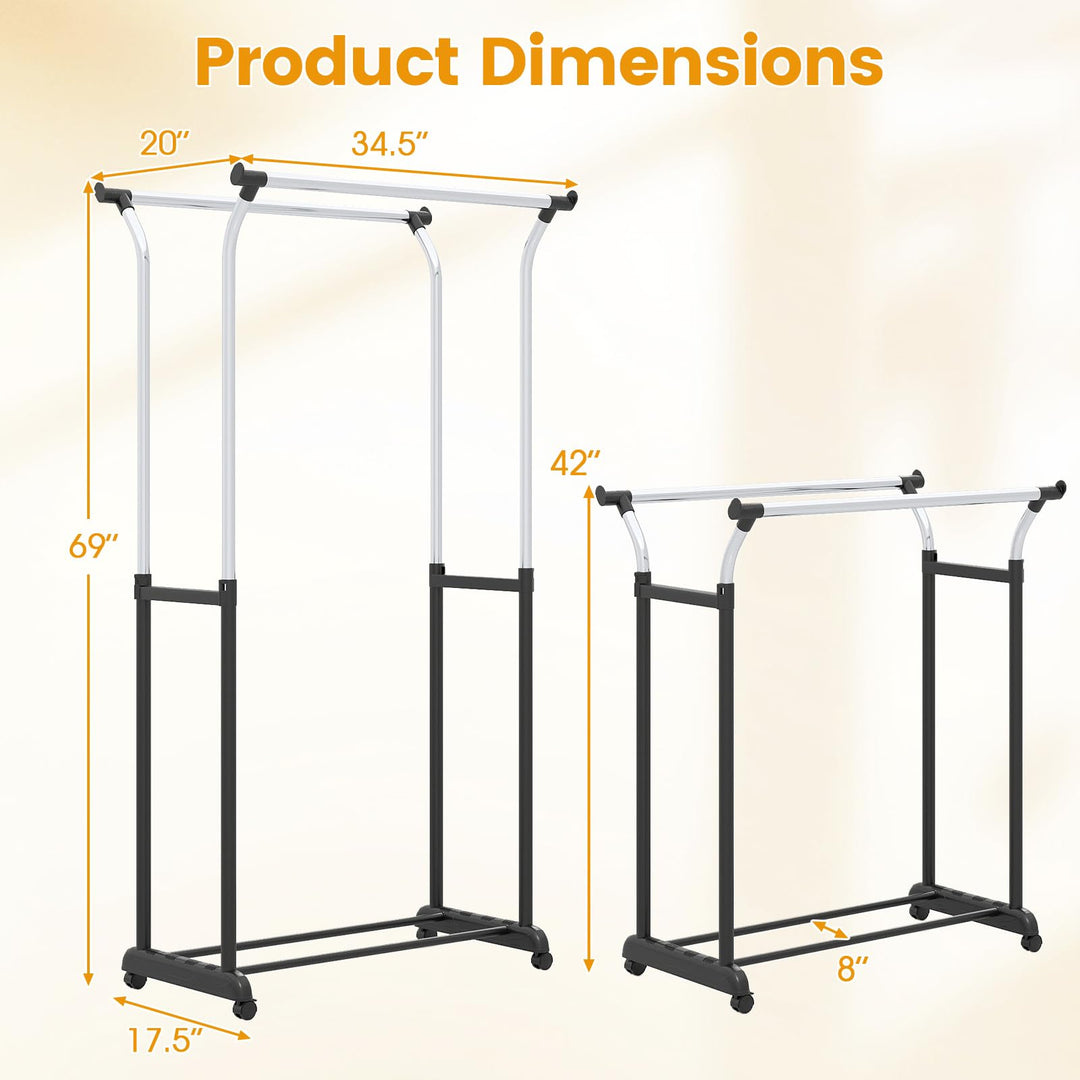 Giantex Double Rod Clothing Rack with Adjustable Height & Wheels