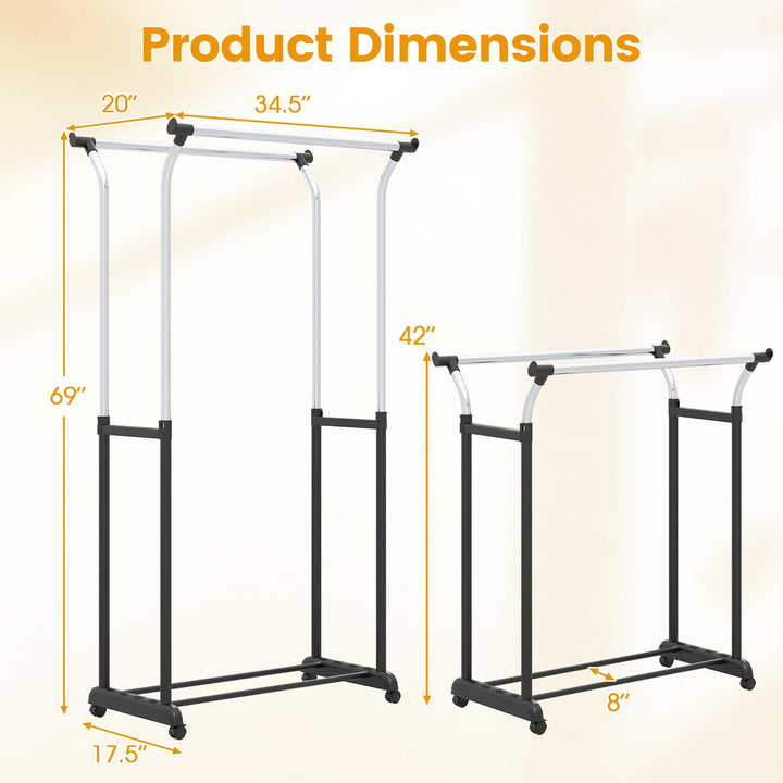 Giantex Double Rod Clothing Rack with Adjustable Height & Wheels