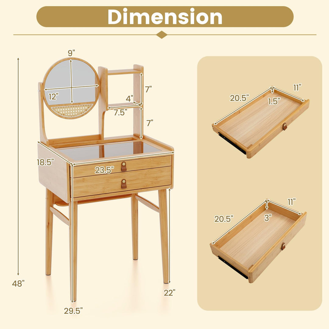 CHARMAID Small Vanity Desk with Mirror Glass Top Bamboo Makeup Vanity Table