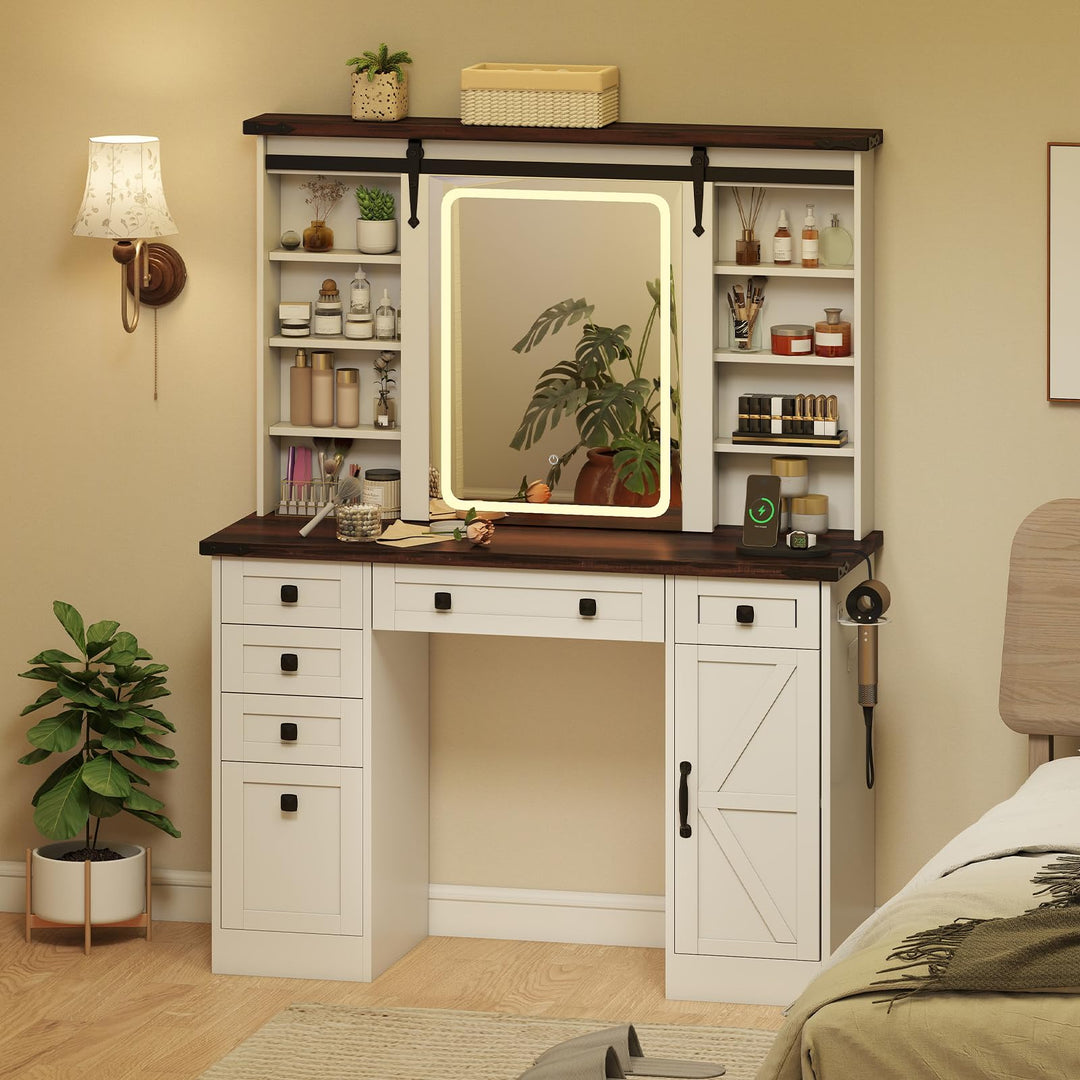 CHARMAID Farmhouse Vanity Table with Barn-Style Sliding Lighted Mirror 45 in Makeup Vanity Desk with Charging Station