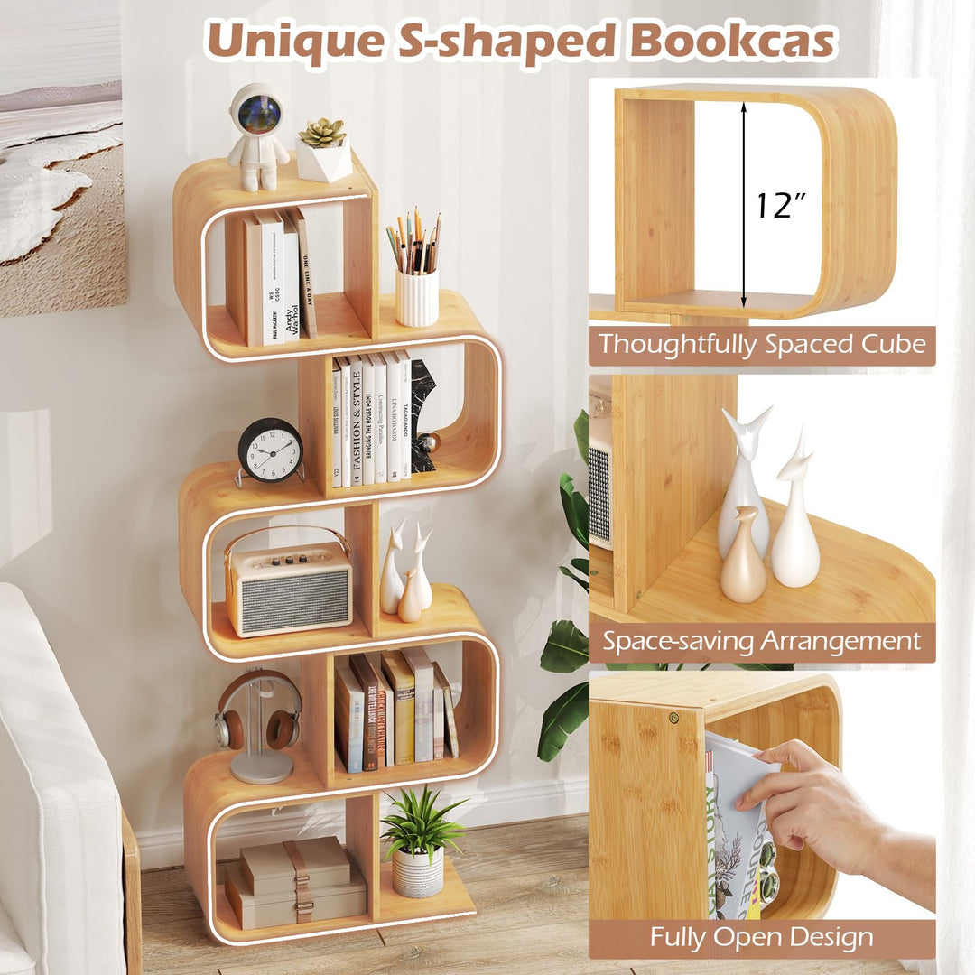 Giantex 5-Tier S-Shaped Bookcase Bamboo Bookshelf with Open Cubes