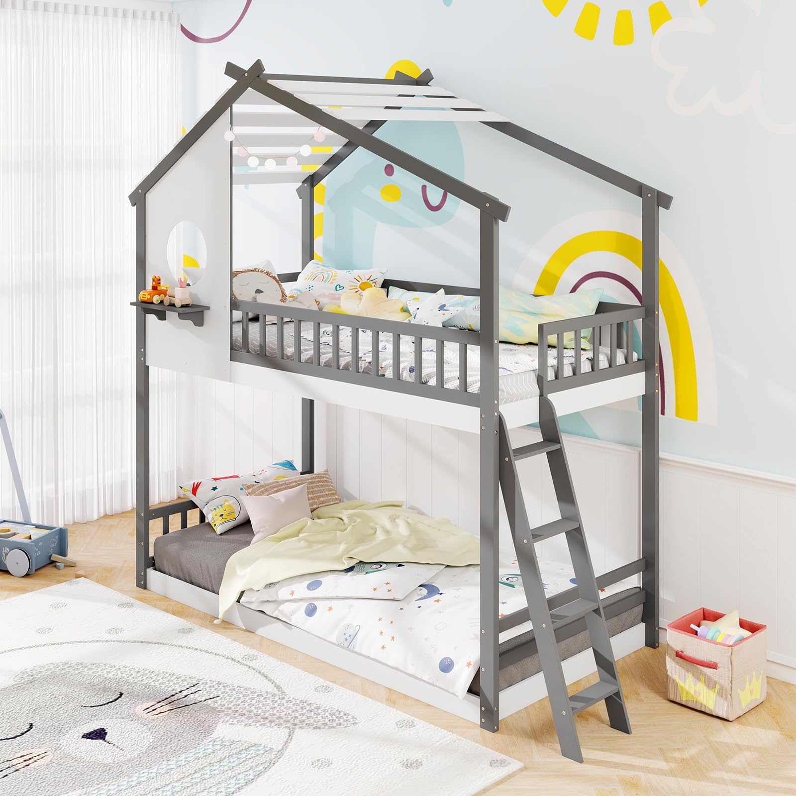 Giantex Solid Wood Floor Bunk Bed with Ladder and Full-Length Guardrails