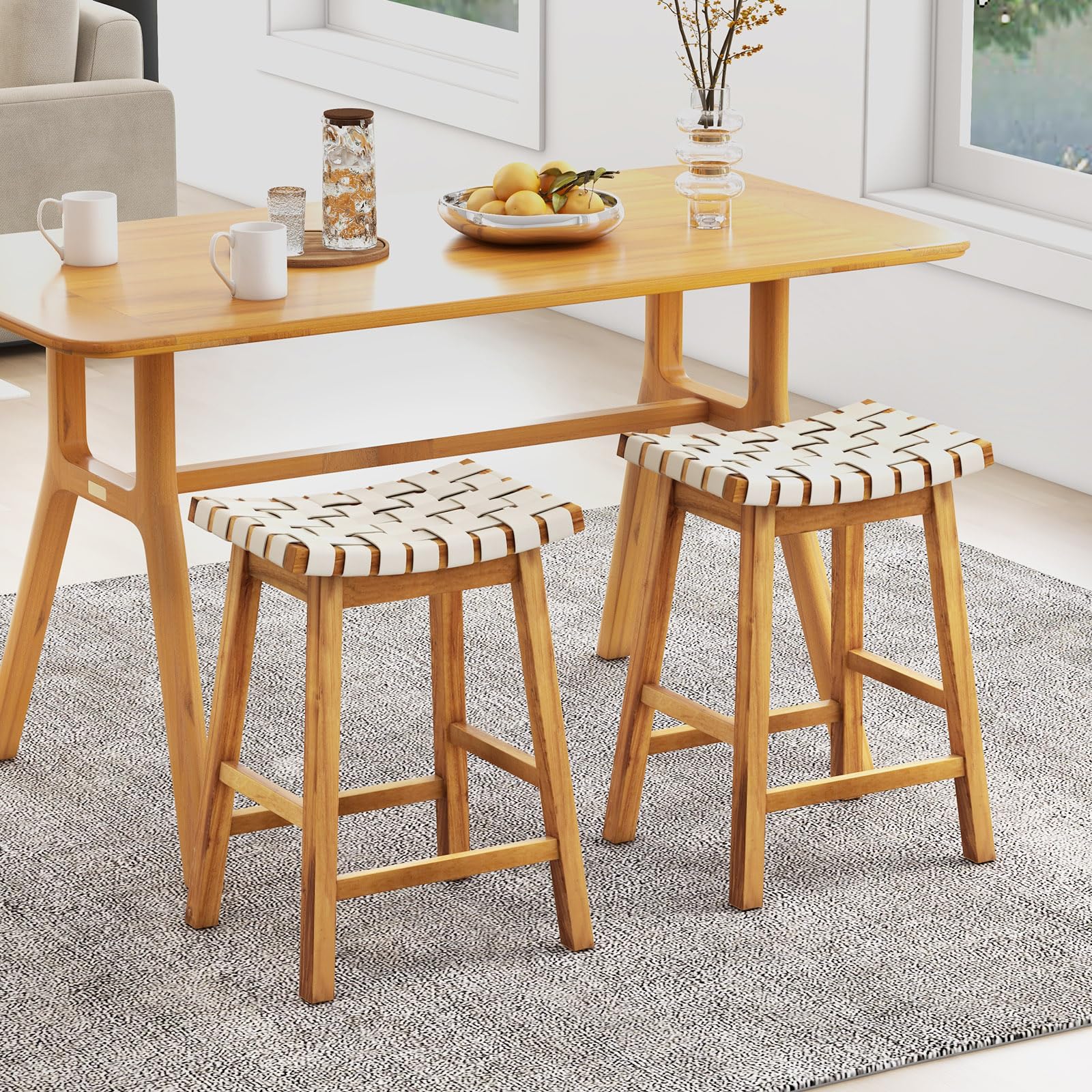Giantex 25.5/31" Woven Bar Stools Set of 2/4, Faux PU Leather Counter Height Saddle Stools with Woven Curved Seat