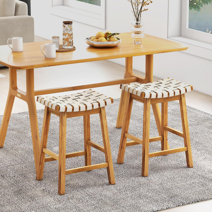 Giantex 25.5/31" Woven Bar Stools Set of 2/4, Faux PU Leather Counter Height Saddle Stools with Woven Curved Seat
