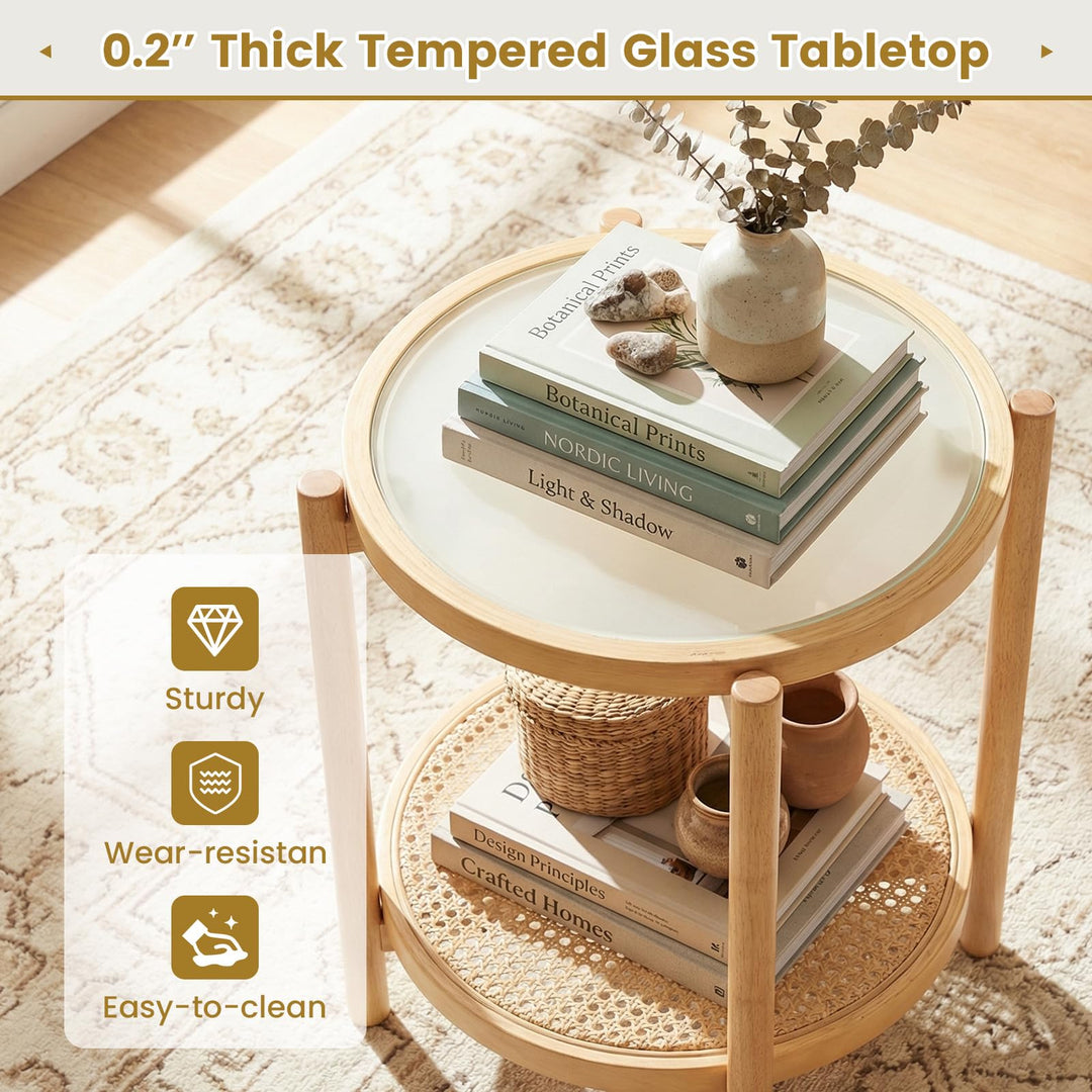Giantex 2-Tier Boho Rattan Round Side Table w/Tempered Glass Top (1/2)