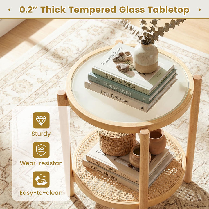 Giantex 2-Tier Boho Rattan Round Side Table w/Tempered Glass Top (1/2)