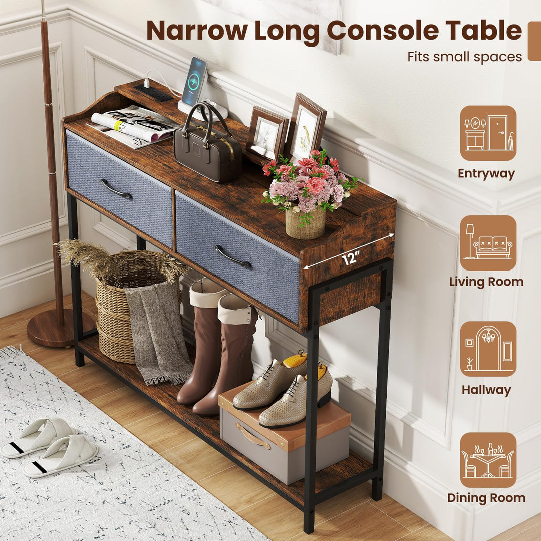 GIANTEX 43" Narrow Console Table with Charging Station &amp; 2 Drawers