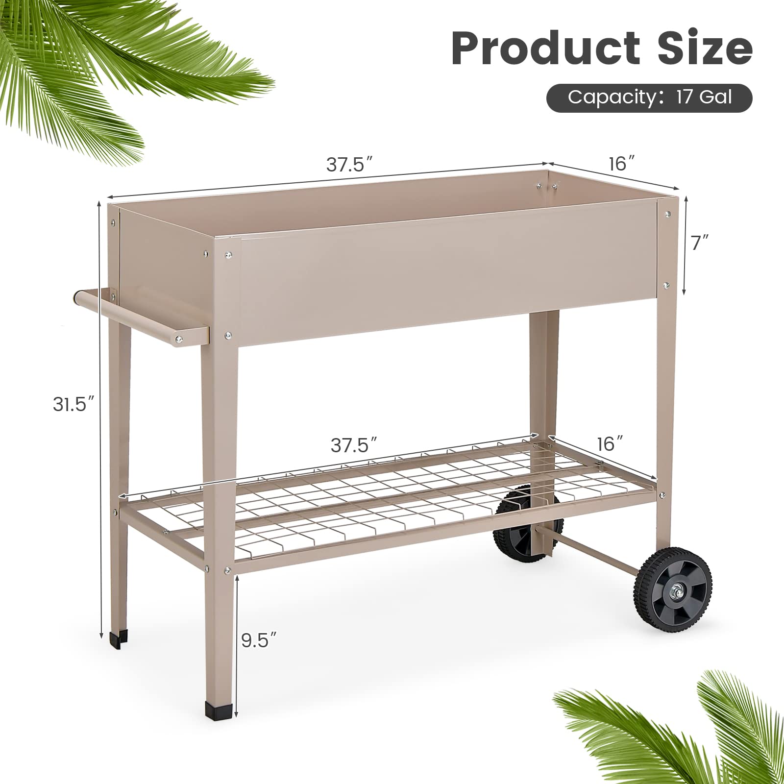 Giantex Raised Garden Bed with Legs, Metal Planter Box with Wheels, Storage Shelf (Light Brown)