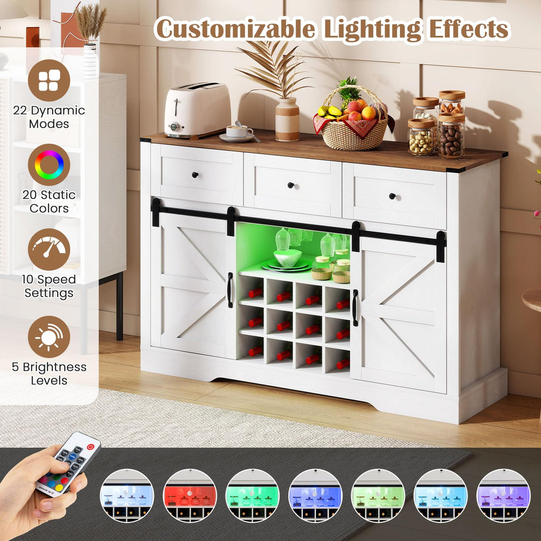 Giantex Wine Bar Cabinet with LED Lights 52" Buffet Sideboard w/Sliding Barn Door 3 Drawer