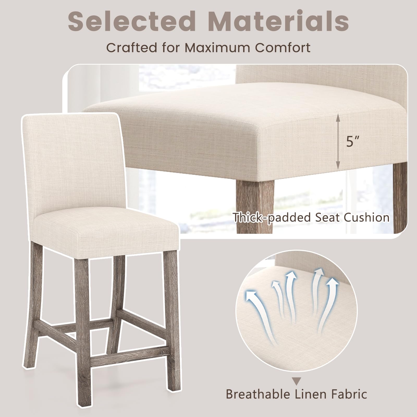 Giantex Bar Stools Counter Height, 24.5" Modern Fabric Bar Chairs with Back, Footrest & Solid Wood Legs