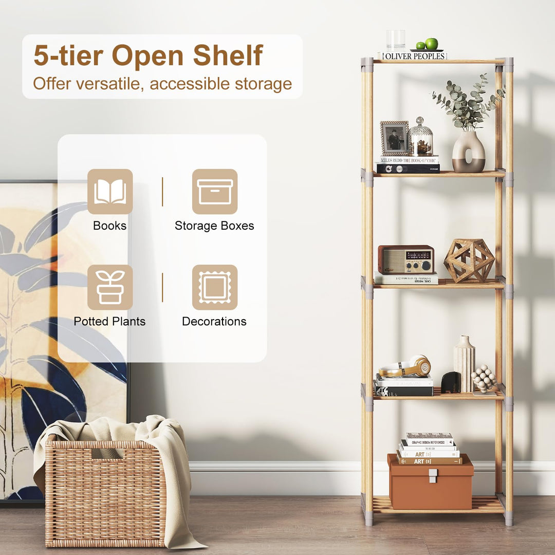 Giantex 5-Tier Bookshelf | Pine Wood Bookcase with Freestanding Storage Organizer