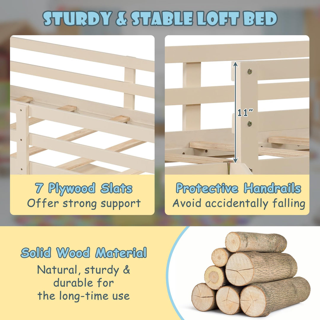 Giantex Low Loft Bed Twin Size | Solid Wood Kids Bed with Slide &amp; 3 Storage Drawers