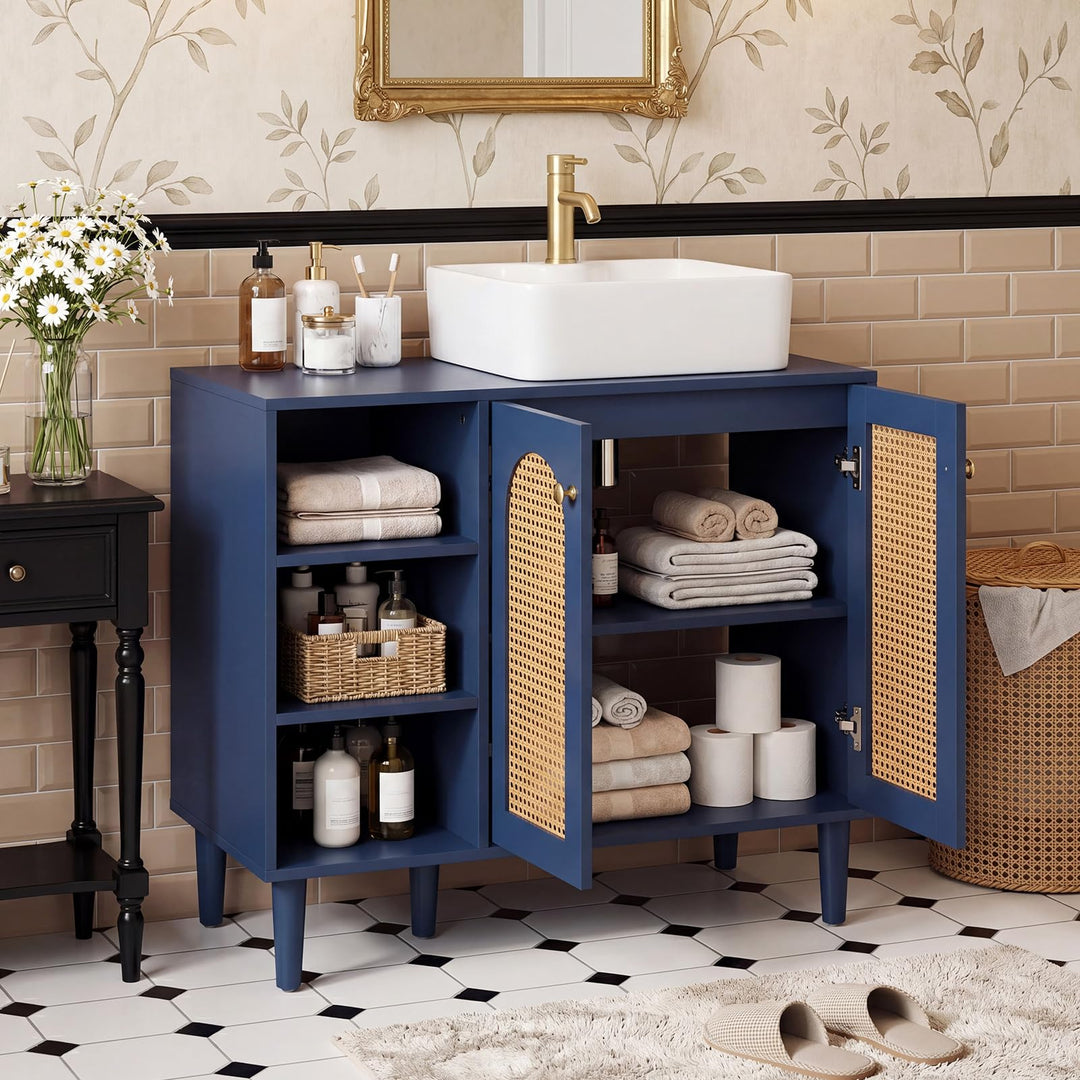 Giantex 36" Bathroom Under Sink Storage Cabinet with 2 Rattan Doors
