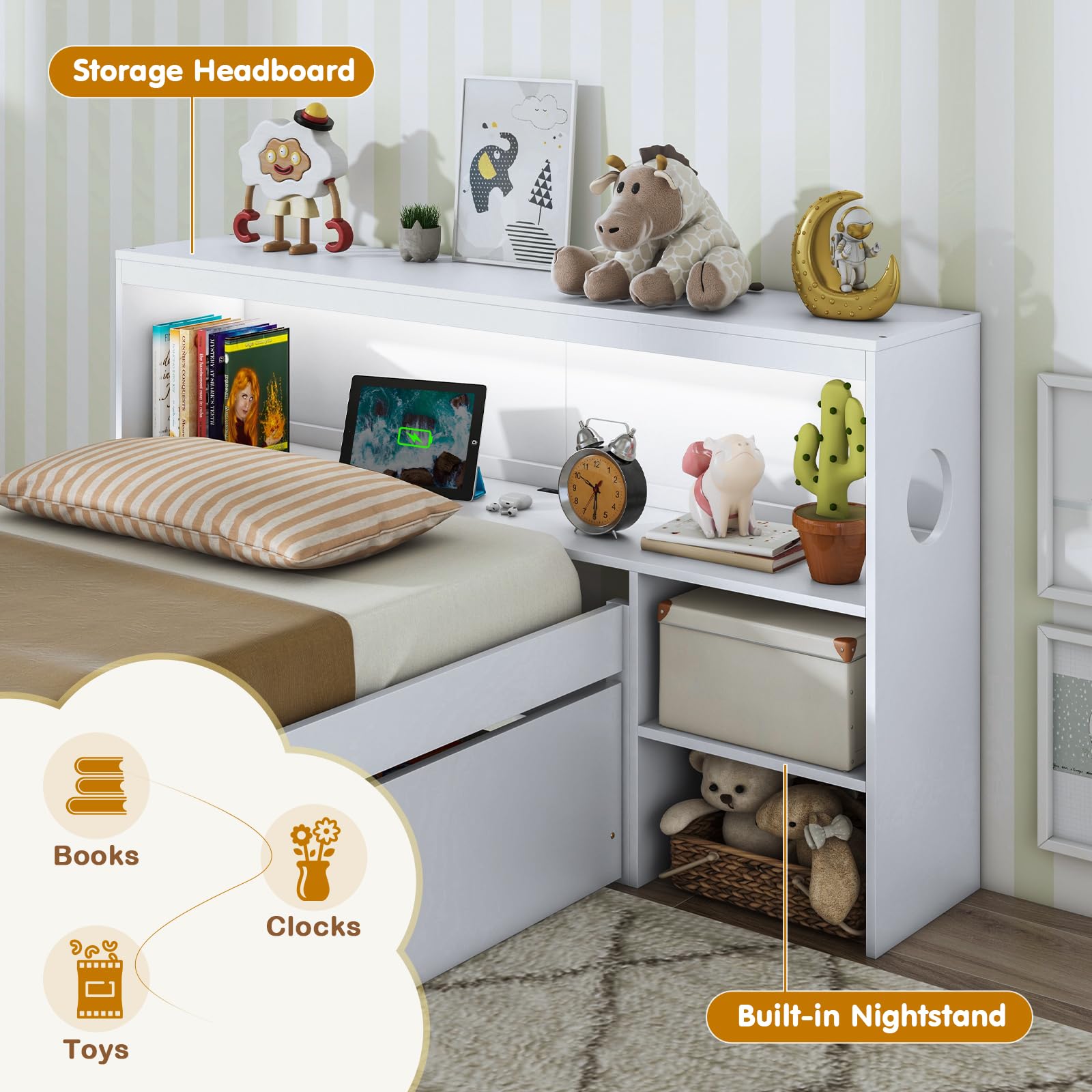 Giantex Wood Twin Bed Frame with Storage Drawer & Headboard, Modern Platform Bed with Charging Station & LED Light