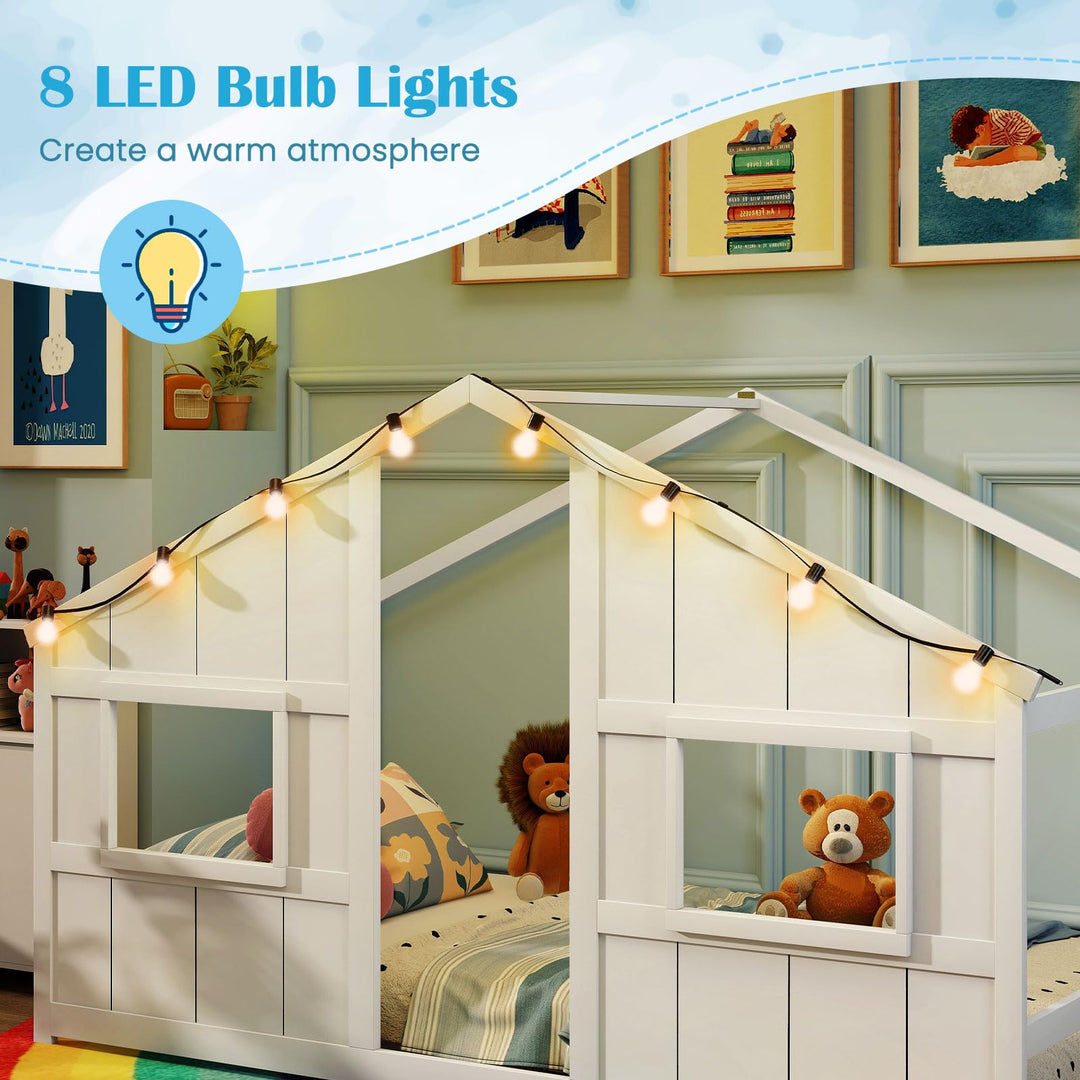 Giantex Twin Kids House Bed with Light Bulbs Wooden Montessori Floor Bed Frame with Roof & Windows
