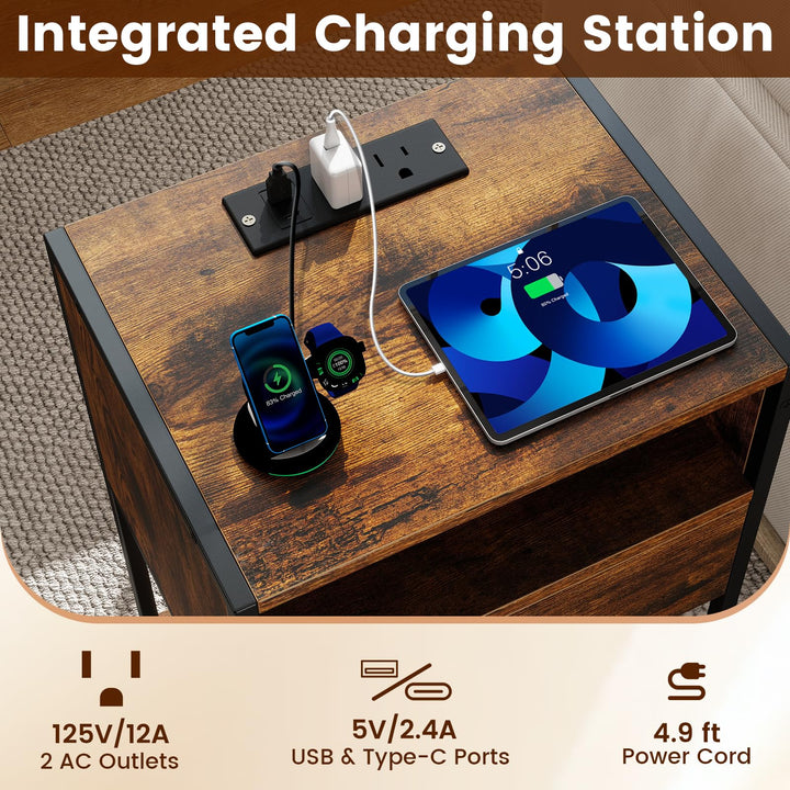 Giantex Night Stand with Charging Station for Bedroom Small Spaces