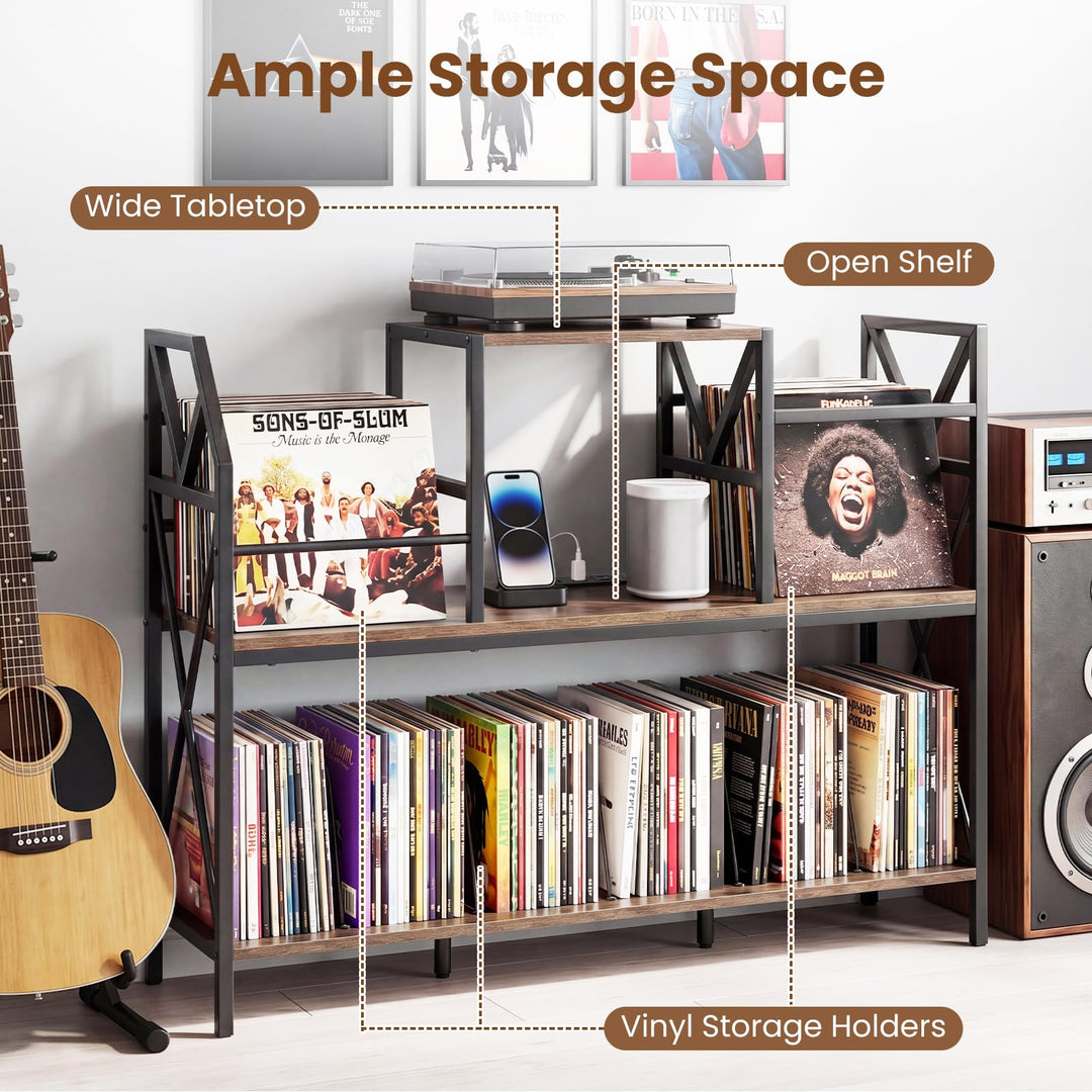 Giantex Large Record Player Stand with Charging Station &amp; Dividers for Albums