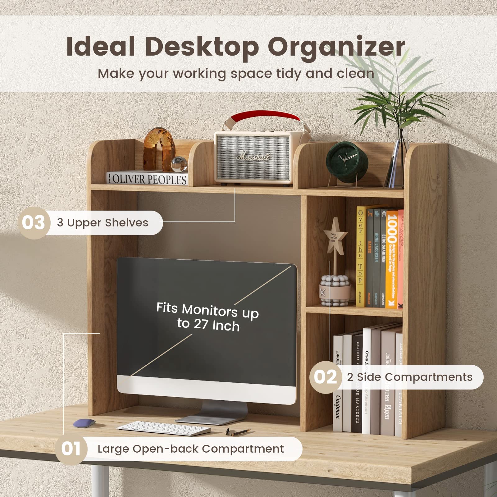 Giantex Desktop Bookshelf, Wood Desk Hutch Organizer for 27 Inch Computer Monitor