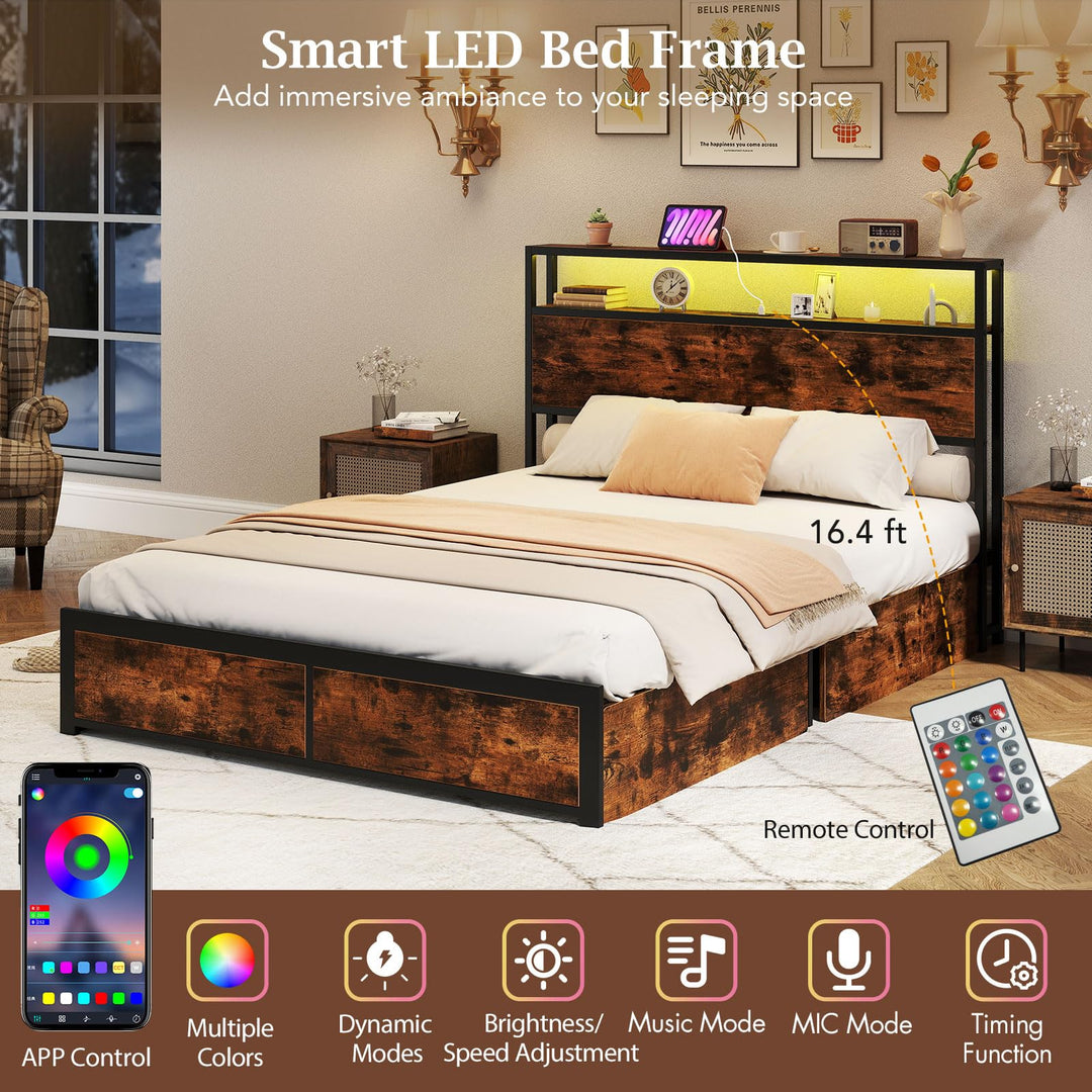 Giantex LED Bed Frame with Charging Station & 4 Storage Drawers
