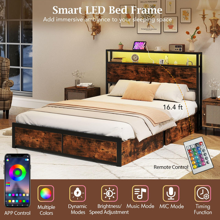 Giantex LED Bed Frame with Charging Station & 4 Storage Drawers