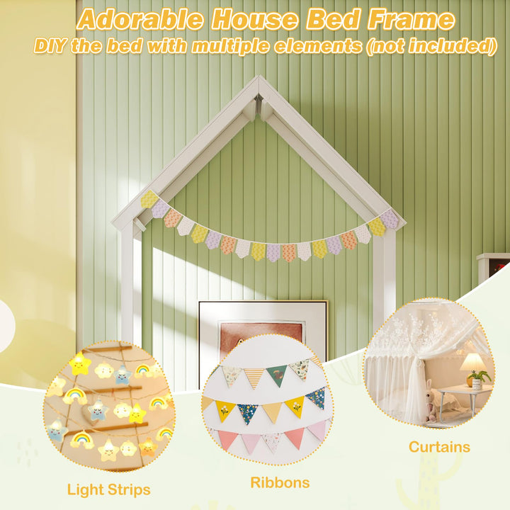 Giantex Twin Size House Bed Montessori Floor Bed with House Shape Roof & Semi-Fence