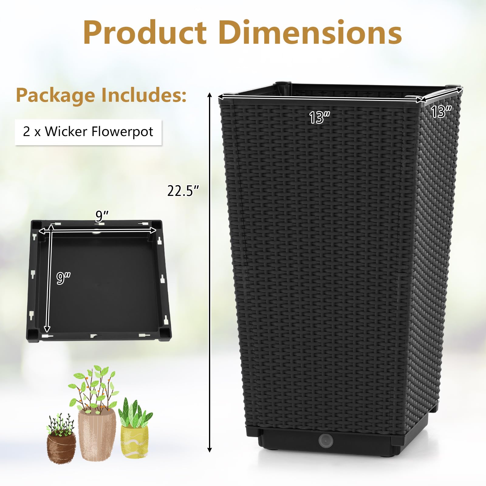 Giantex Outdoor Wicker Flower Pot Set of 2, 22.5” Tall Planters with Drainage Hole, Self-Watering Tray