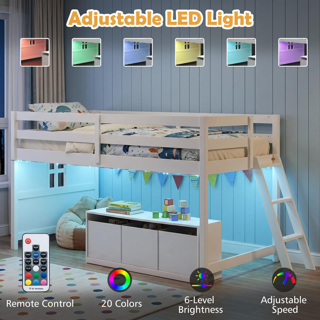 Giantex Kids Low Loft Bed Twin Size with LED Lights