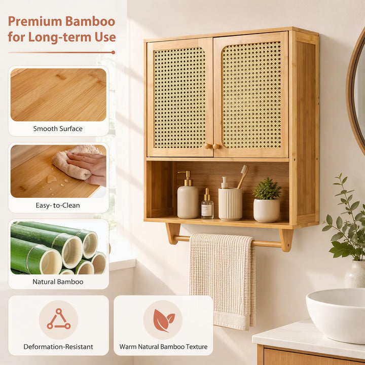 GIANTEX Wall Mounted Bamboo Bathroom Wall Cabinet with Towel Rack