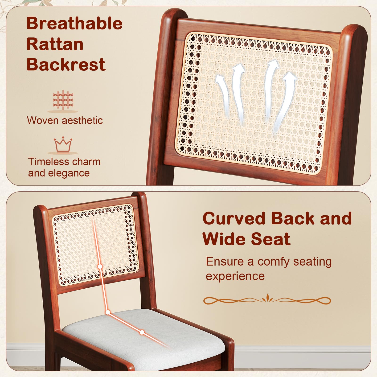 Giantex Rattan Dining Chairs Set of 2/4, Wooden Kitchen Chairs w/Cane Back, Rubber Wood Frame