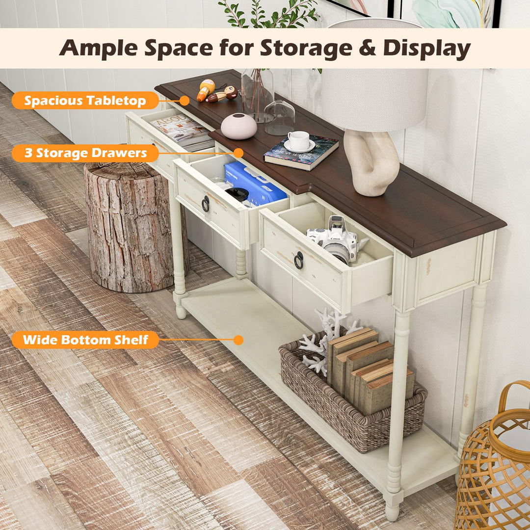 Giantex Console Table with 3 Storage Drawers - Entry Table, Rustic Farmhouse Entryway Table with Open Storage Shelf