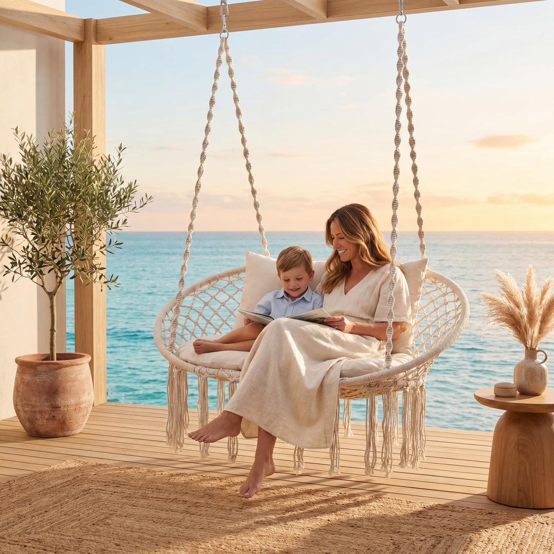 Giantex Boho Macrame Double Hammock Chair with Cushions