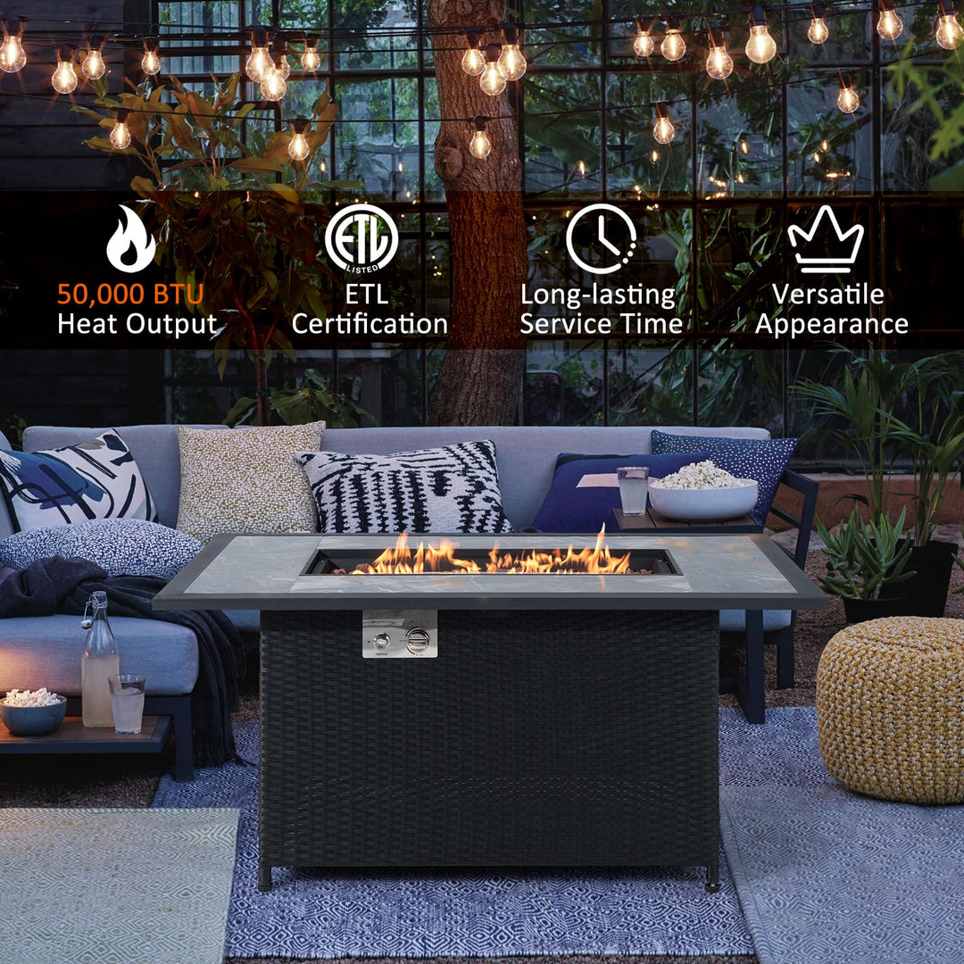 Giantex Outdoor Propane Fire Table - 52-inch Outdoor PE Rattan Propane Fire Table with Metal Lid