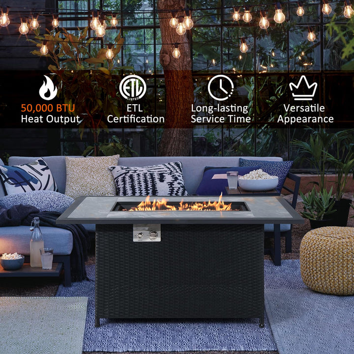 Giantex Outdoor Propane Fire Table - 52-inch Outdoor PE Rattan Propane Fire Table with Metal Lid