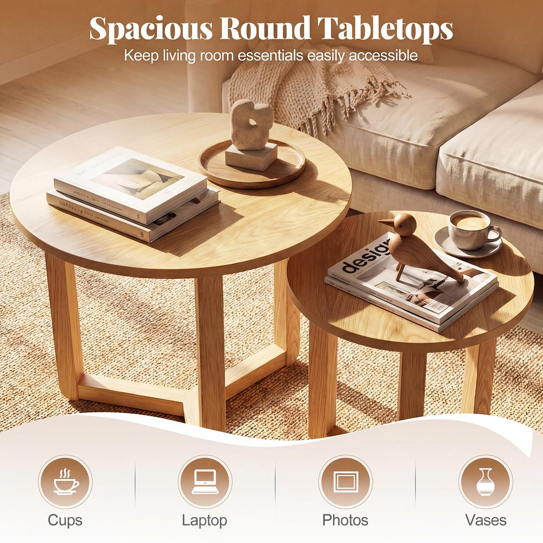 Giantex Farmhouse Round Nesting Coffee Table Set of 2 Wood Nesting End Tables